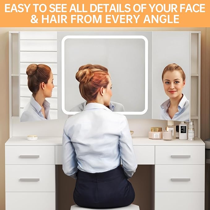 Vanity with Mirror and Lights, Vanity Tables with 7 Drawers, 3 Colors Lighting Makeup Vanity with Tri-Folding Mirror and Cushioned Stool, Big Vanities Perfect for Bedroom, White