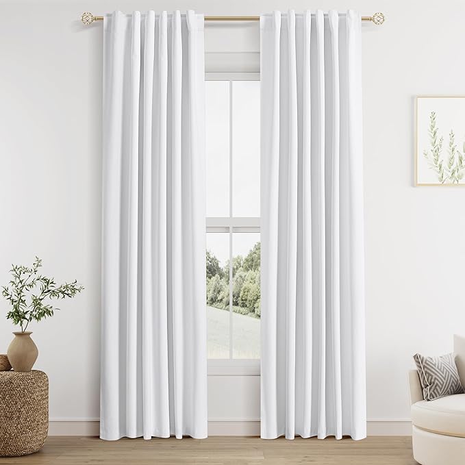 Guken 100% Blackout Linen Curtains 40 Inch Wide by 84 Inch 2 Panels Set for Living Room Bedroom Back Tab Thermal Insulated Black Out Linen Drapes Room Darkening Window Curtains, White