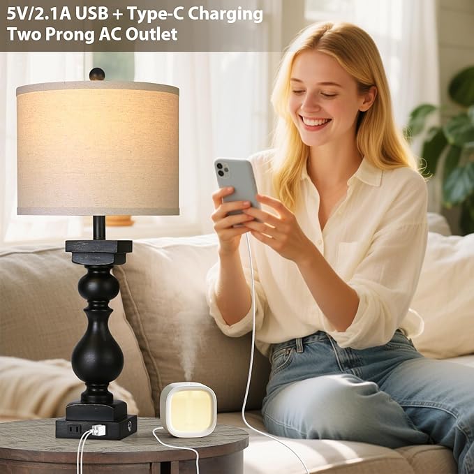 28" Tall Farmhouse Table Lamps Set of 2 with USB C+A Ports and AC Outlet, 3 Way Touch Tall Rustic Bedside Lamps for Living Room, Black Vintage Lamps for Bedroom Nightstand