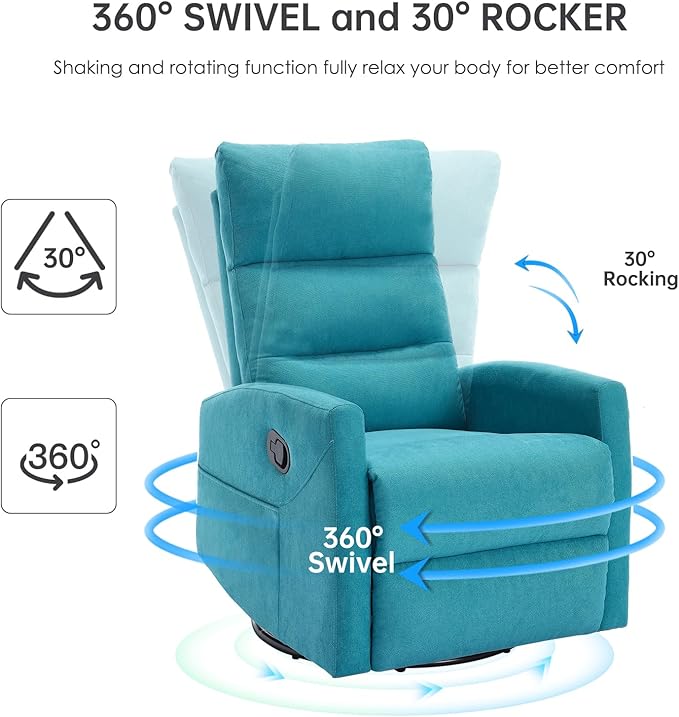 360° Swivel Recliner Chairs for Small Spaces, A Recliner with Side Pockets, Small Rocker Recliner for Living Room, Bedroom, Sky Blue Recliner Chair for Adults