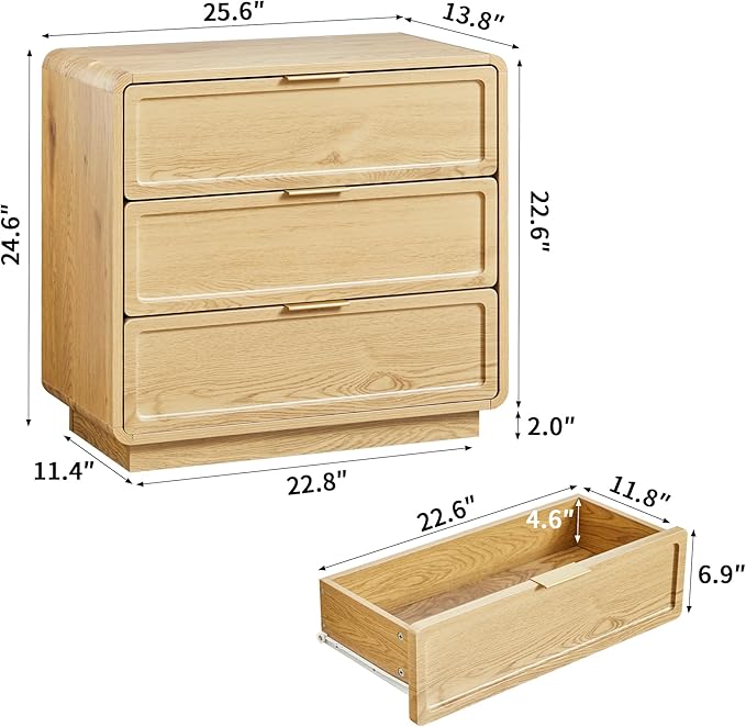 Turtle&Myrtle Modern 3 Drawer Dressers for Bedroom, 26'' Wide Wood Nightstand w/3 Storage Drawers, End Table, Dresser & Chest of Drawers with Curved Profile for Living Room Entryway, Natural