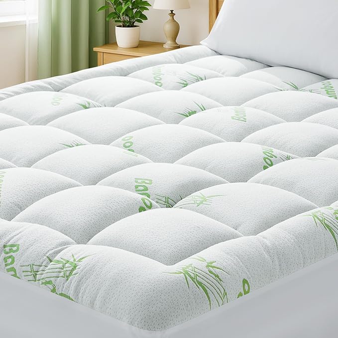 HYLEORY Mattress Topper California King Size - Thick Bamboo-Viscose Cooling Pillow Top Mattress Pad Breathable Fluffy Soft Mattress Cover with 8-21" Deep Pocket, Green