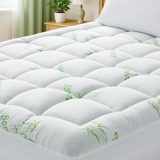 HYLEORY Mattress Topper California King Size - Thick Bamboo-Viscose Cooling Pillow Top Mattress Pad Breathable Fluffy Soft Mattress Cover with 8-21" Deep Pocket, Green