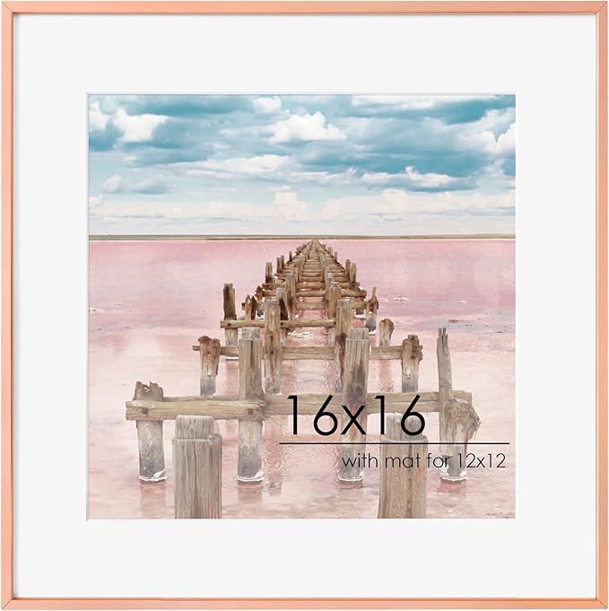 16x16 Metal Square Picture Frame For Wall With Mat For 12x12, 16''x16'' Aluminum Photo Frames With Tempered Glass, Minimalist Modern Poster Frame Horizontally Vertically, Rose Gold