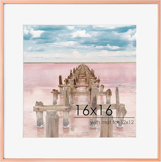 16x16 Metal Square Picture Frame For Wall With Mat For 12x12, 16''x16'' Aluminum Photo Frames With Tempered Glass, Minimalist Modern Poster Frame Horizontally Vertically, Rose Gold