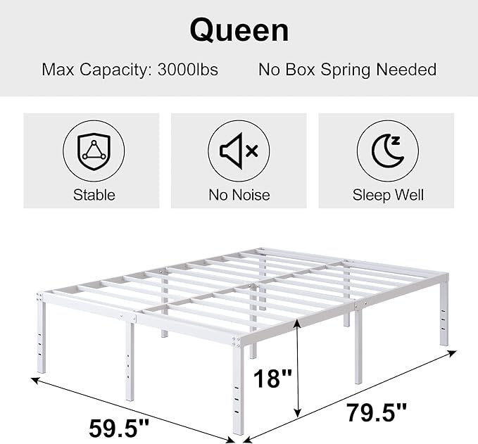 18 Inch Queen Bed Frame Heavy Duty Metal Platform No Box Spring Needed, Maximum Storage, Easy Assembly, Noise Free, White
