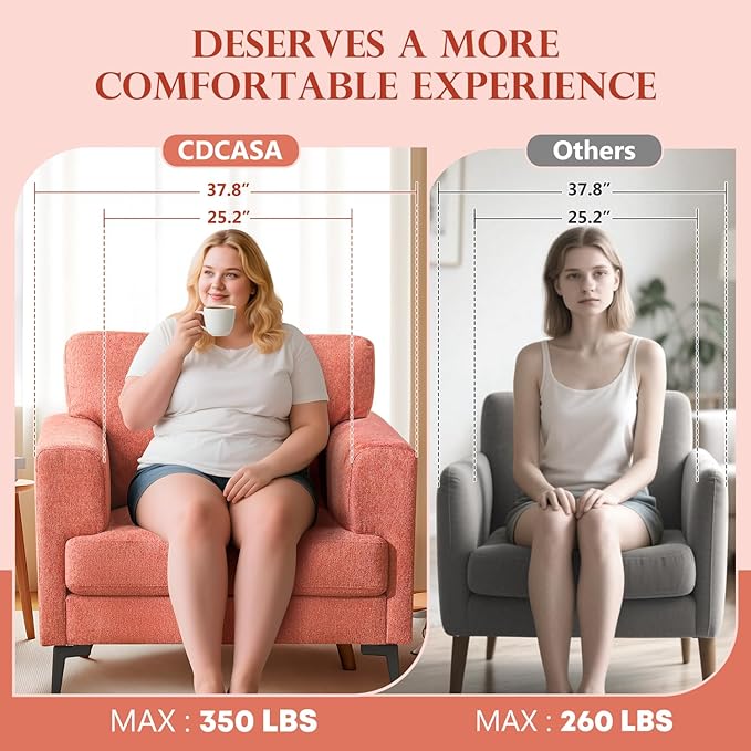 CDCASA Accent Chair, Linen Fabric Oversized Mid Century Modern Chair Set of 2, Comfy Upholstered Armchair Reading Accent Chairs Sofa Chairs for Bedroom Living Room, Coral Pink