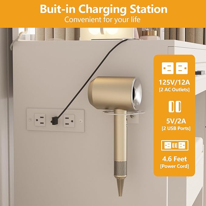 Fameill Vanity Desk with Mirror and Lights,Large Makeup Vanity with Glass top and Lots Storage,3 Drawer Vanity Set with Charging Station,3 Lighting Modes,White