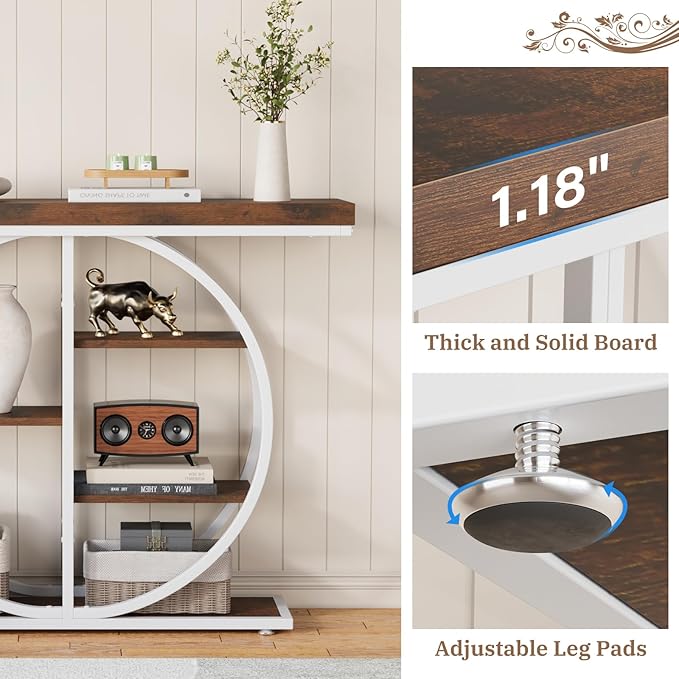 41.3" Console Table for Entryway, Industrial Hallway Sofa Table with Storage Shelves, Narrow Accent Decor Living Room Furniture with Circle Base for Foyer, Entrance, Brown White