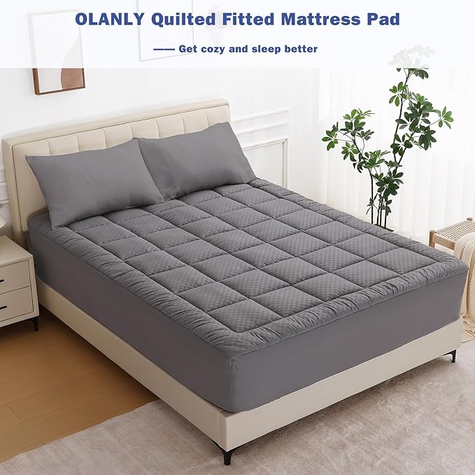 OLANLY King Quilted Fitted Mattress Pad, Elastic Fitted Mattress Topper, Cooling Soft Mattress Cover Stretches up to 21 Inches Deep, Machine Washable Mattress Protector (78x80 inch, Dark Grey)