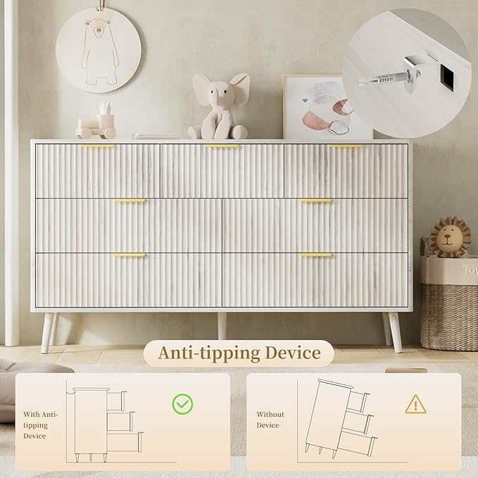 LYNSOM 55" Wide Fluted Dresser for Bedroom with 7 Drawer, Modern Chest of Drawers with Curved Profile Design and Metal Handles, Wood Dresser TV Stand & Storage Organizer for Living Room, White