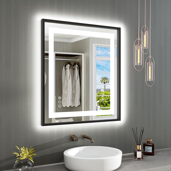 Amorho 28"X32" LED Bathroom Mirror with Black Frame, Front Light and Backlit, Stepless Dimmable, Anti-Fog, Shatter-Proof, Memory, 3 Colors, Double LED Vanity Mirror
