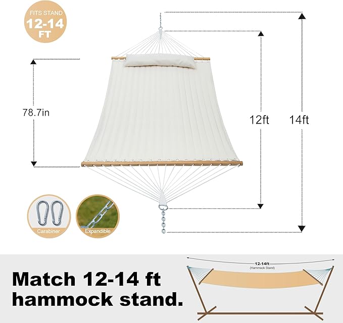 Double Quilted Fabric Hammock with Spreader Bar, Fit 11-12ft Hammock Stand, 2 Person 12ft Hammocks for Outside, Large Removable Pillow Storage Bag, Carabiners, Max 475 lbs Capacity (Beige)