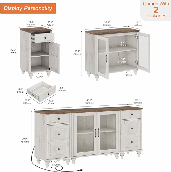 WAMPAT TV Stand for 75 Inch TV, Wood TV Cabinet Entertainment Center with Charging Station, Glass Door Buffet Cabinet for Dining Room, Rustic White