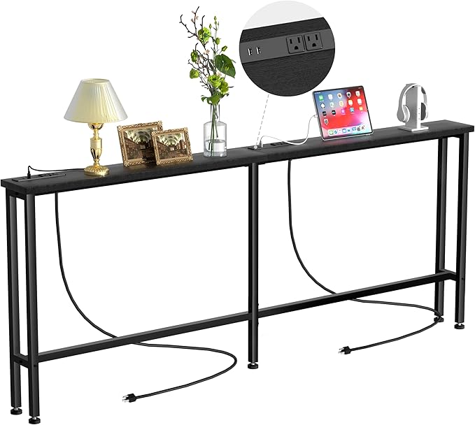 78" Narrow Console Sofa Table - 2 Power Outlets & 4 USB Ports, Metal Frame, Black, Perfect for Hallway, Office, and Behind Sofa - Easy Assembly, 4.9' Extension Cord Included
