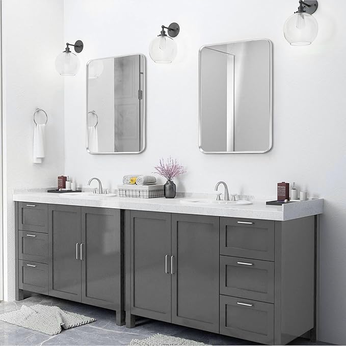 Wall Mount Mirror for Bathroom, Brushed Silver Metal Framed Rounded Corner Square Rectangular Vanity Mirror (24" x 30", Silver)