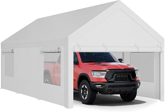 JY QAQA Carport, 12x20 FT Heavy Duty Carport Reinforced Steel Poles with Removable Sidewalls & Doors,Roll-up Windows Car Canopy with Sandbags and All-Season Tarp for Car Boat Truck Motorcycle/White