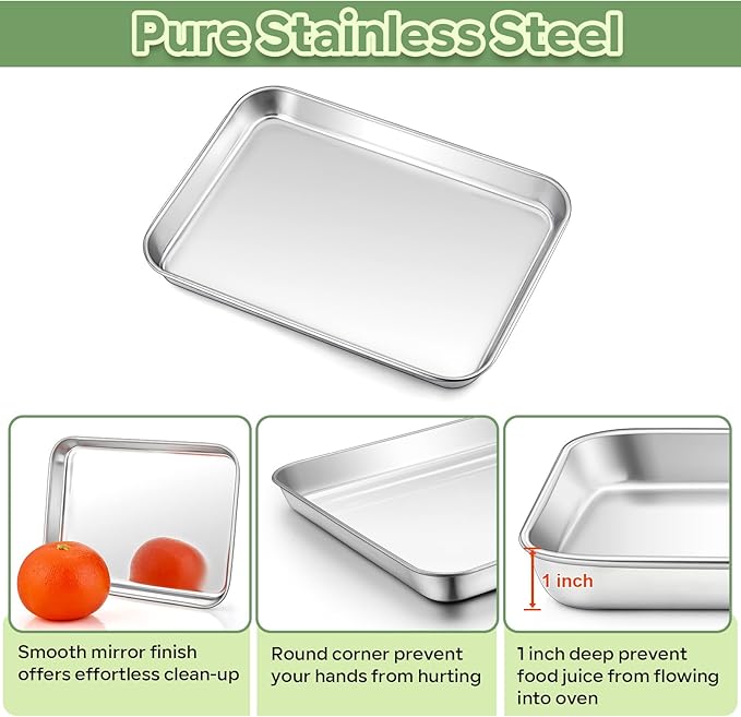 TeamFar Toaster Oven Pan with Rack Set, 9’’ x 7’’ x 1’’ Stainless Steel Compact Toaster Oven Small Baking Pan Tray with Mini Cooling Grid Rack, Healthy & Heavy-Duty, Dishwasher & Oven Safe, 2pcs