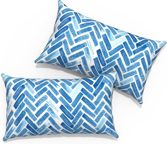 Outdoor Lumbar Pillows 12x20 inch, Rectangle Throw Pillows with Inserts, Decorative Lumbar Cushions for Patio Furniture Garden Couch Home Sofa Office Chair, Pack of 2, Blue Bricks