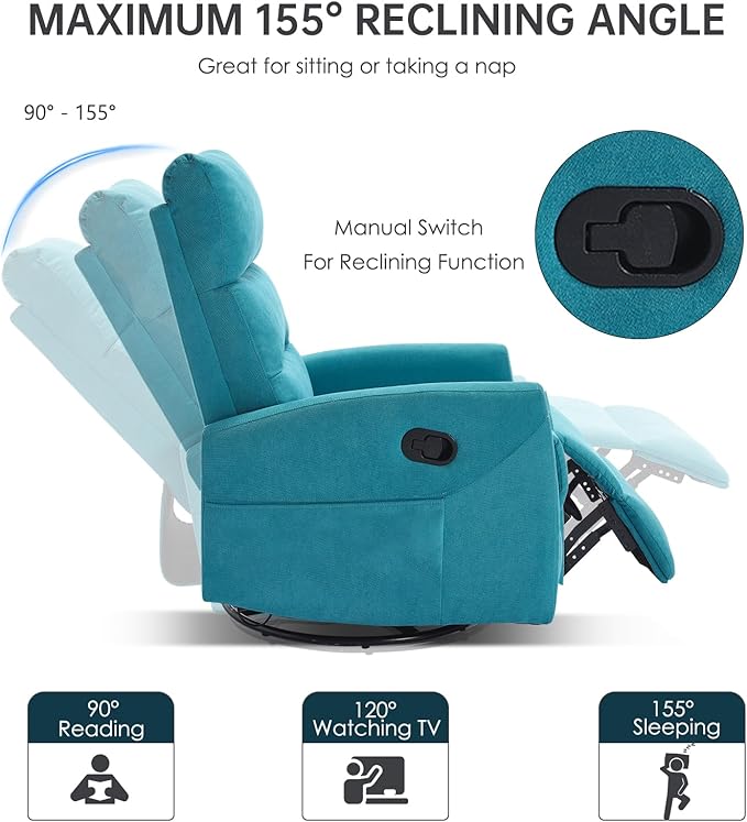 360° Swivel Recliner Chairs for Small Spaces, A Recliner with Side Pockets, Small Rocker Recliner for Living Room, Bedroom, Sky Blue Recliner Chair for Adults