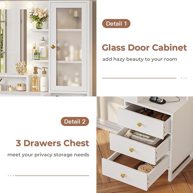 Tiptiper Makeup Vanity Desk with Mirror and Lights & Charging Station, White Vanity Table with 5 Storage Drawer & Glass Door & 3 Shelves for Bedroom, Modern White