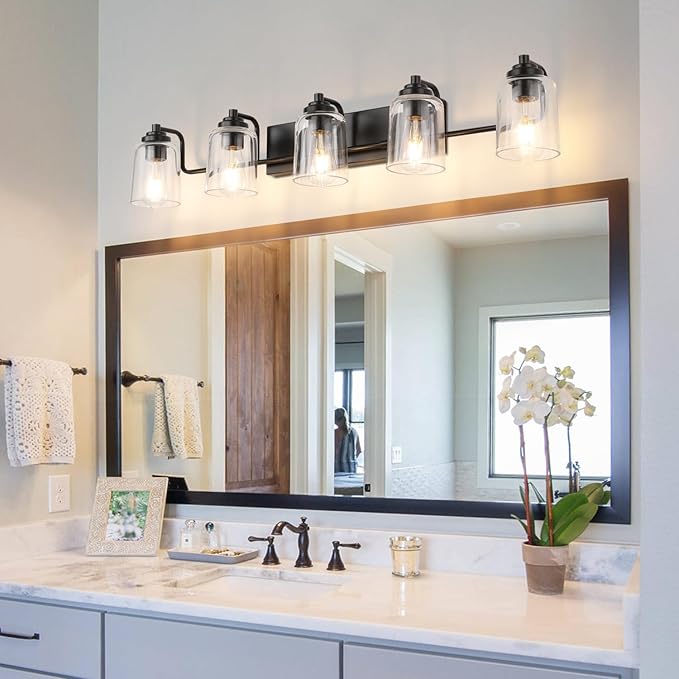 SOLFART 5 Lights Black Bathroom Light Fixtures Over Mirror Vanity Lights Scone Lighting Bathroom Lights for Mirror 41 Inch