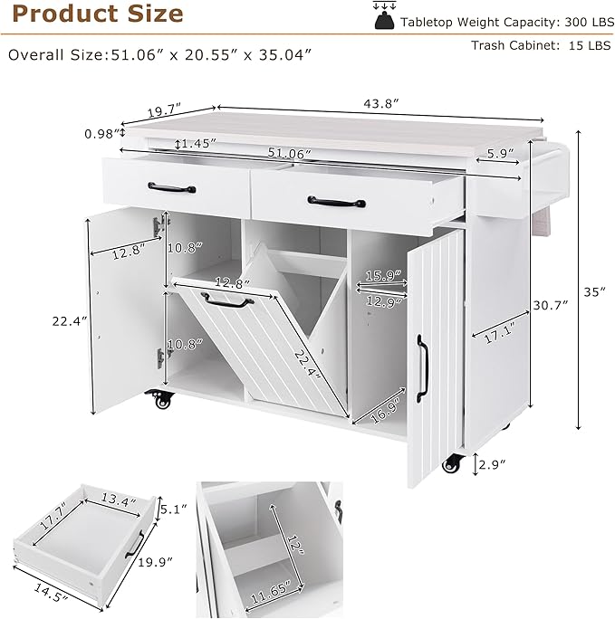 Kitchen Island with Storage & Drop Leaf, 51" Kitchen Rolling Island on Wheels with Spice Rack & Towel Rack, Kitchen Island Cart with Trash Can Storage, White