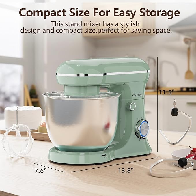 Electric Stand Mixer,10 Speeds Tilt-Head Food Mixer, 3-IN-1 Kitchen Mixer for Daily Cooks with 6 QT Bowl,Dough Hook, Beater, Whisk (Agave Green)