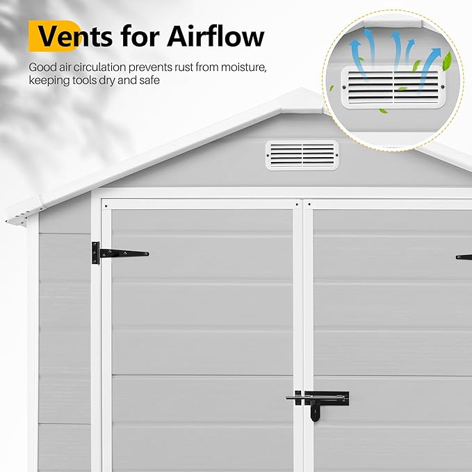 6 * 4.4 FT Resin Outdoor Storage Shed Plastic Shed with Floor, Reinforced Floor for Patio Furniture, Gardening Tools, Lawn Mower, Plastic Garden Shed with Lockable Door for Backyard (Gray)