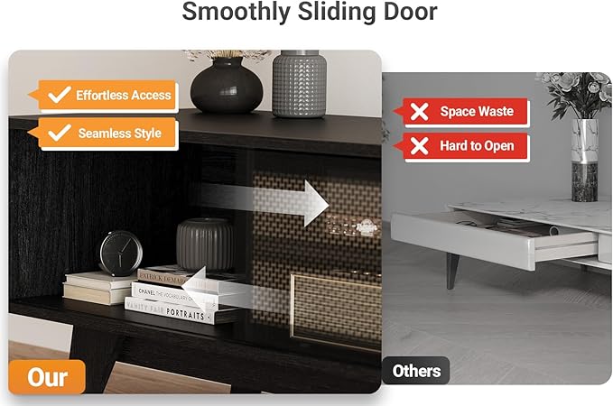 Claiks Boho TV Stand for 70 Inch TV, Modern TV Console with 2 Rattan Storage Cabinets & Adjustable Shelf, Woven TV Stand for Living Room, Black