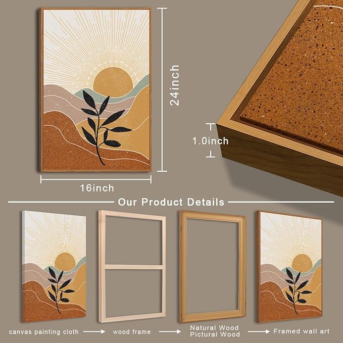 BINCUE Large Boho Framed Wall Art Painting Mid Century Modern Decor Prints for Living Room Bedroom Bathroom 16x24 Inch 3 Pieces