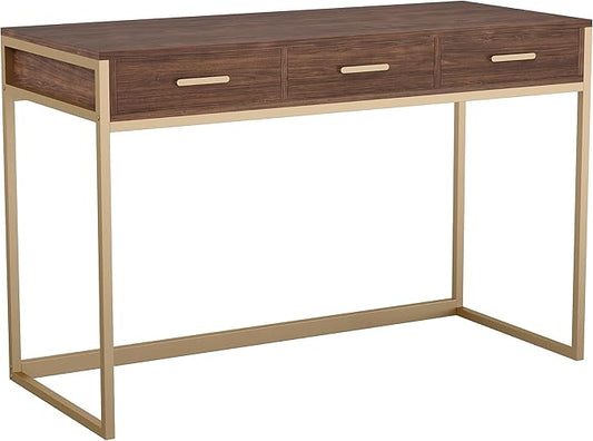 Martha Stewart Ollie Home Office Desk with 3 Drawers in Walnut Wood Grain with Polished Brass Hardware