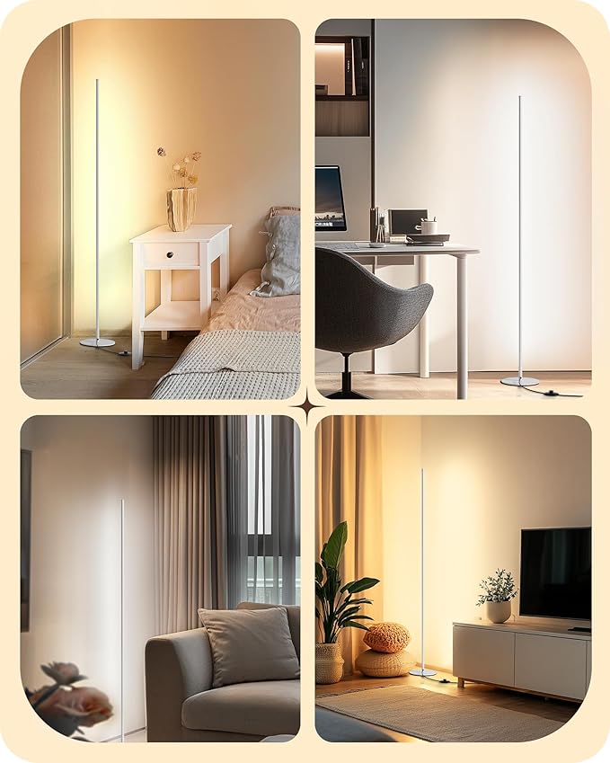 EDISHINE LED Corner Floor Lamp with Remote, 57.5" Minimalist Dimmable Mood Light, Standing Tall Floor Lamps for Living Room, Bedroom, Home Office, 3000K Warm White Light (White)