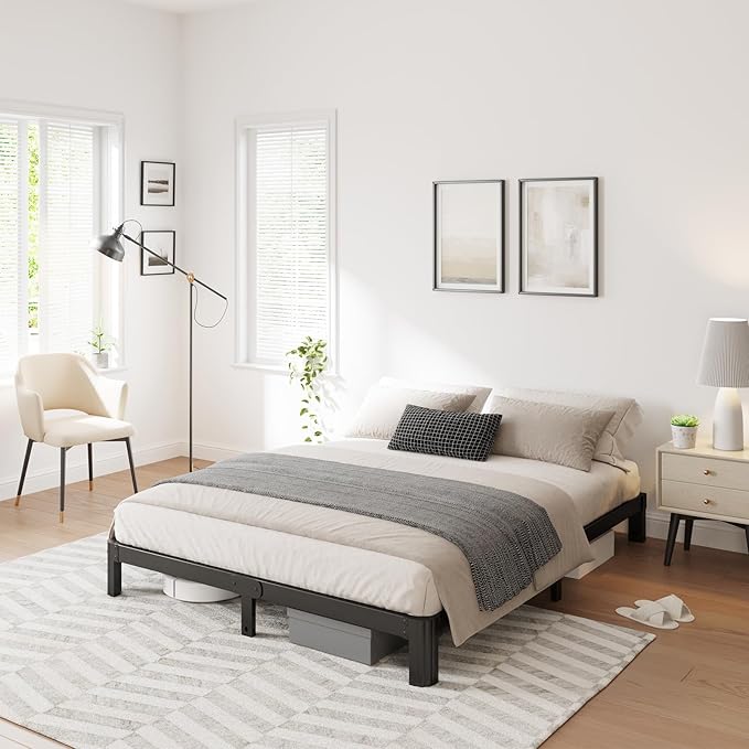 7in High Queen Bed Frame No Box Spring Needed, Heavy Duty Metal Platform Bed Frame Queen Size with Round Corners, Easy Assembly, Noise Free, Black