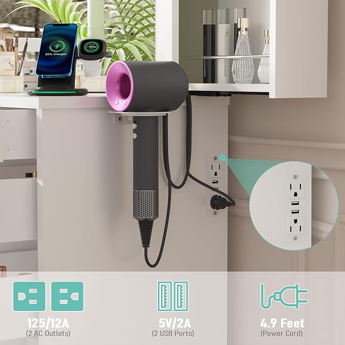 Likein Vanity Desk with Mirror and Lights, White Vanity with Jewelry Storage Cabinet, Makeup Dressing Table with 11 Drawers, Charging Station, Crystal Knobs, 3 Color Lighting Modes for Women, Girls