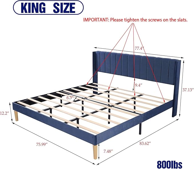 Upholstered Platform King Size Bed Frame with Headboard Wooden Slats Support No Noise Easy Assembly Blue Velvet