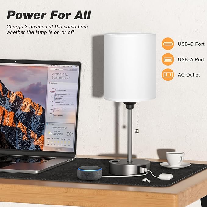 Dicoool White Bedside Lamp for Bedroom - 3 Color Temperatures Desk Lamp with USB C and A Ports, Pull Chain Table Lamp with AC Outlet, Nightstand Lamp with Silver Metal Base for Kids Girls