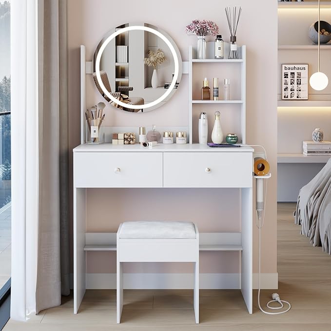 31.5" Small Vanity Desk with Round Mirror and Lights, Makeup Table with 2 AC+2 USB Power Station, Hair Dryer Bracket, Vanity Set with Drawers and Stool for Small Space Bedroom, White