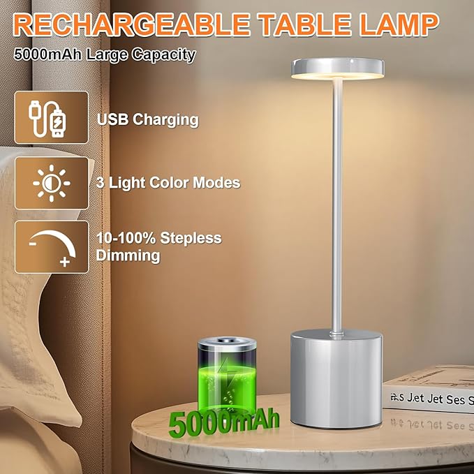 Rechargeable Table Lamp – 2 Pack Touch Lamps, Cordless Desk Lamp, 5000mAh Battery Operated Lamp with 3-Color Dimmable Light, Portable LED Lamp for Bedroom, Dining Room, Patio, Outdoor (Silver)