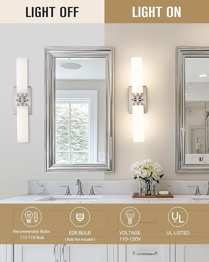 Emak Brushed Nickel Vanity Light, 21 Inch Cylinder Bathroom Lighting Fixtures Over Mirror, Modern 2-Light Wall Sconce with Milk Glass Shade, VL086-BN-ML-2