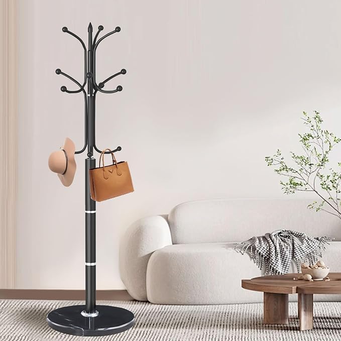 Modern Metal Coat Rack Stand, Coat Rack Freestanding with Natural Marble Base, Sturdy Heavy Duty Coat Racks with 12 Hooks, Black Coat Hall Tree Stand for Entryway, Office (12 HOOKS-Black)