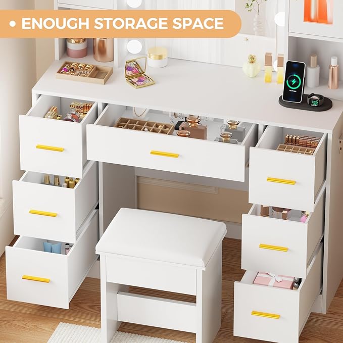 BEWISHOME Vanity Desk with Mirror and Lights,White Makeup Vanity Table with Power Outlet and Stool,Large Makeup Desk with 7 Drawers,Dressing Table for Bedroom Dressing Room FST38W