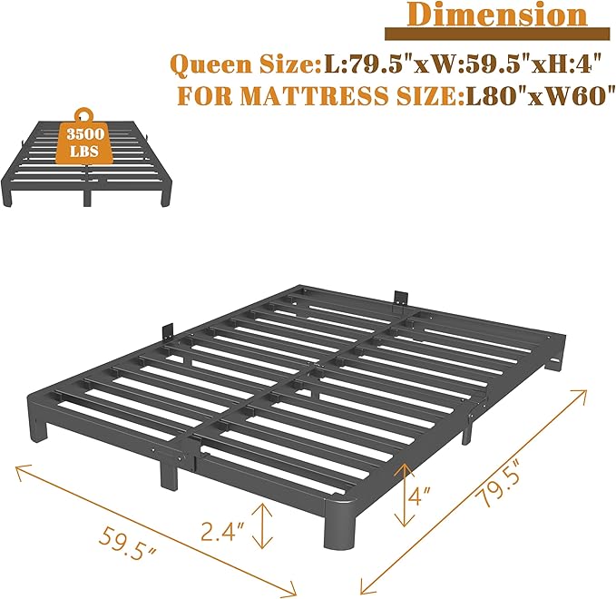 Queen Bed Frame 4 Inch Black, Metal Platform Bed Frame Queen Size with Baffles, No Box Spring Needed, Heavy Duty Steel Support, Rounded Corner Design, Reserved Holes, Noise Free, Easy Assembly