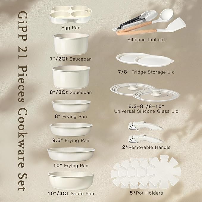 GiPP Ceramic Pots and Pans Set Non Stick, Nonstick Detachable Handle Cookware Sets, Healthy Non Toxic PFAS PFOA & PTFE Free, Dishwasher ＆Oven Safe, Induction Kitchen Pot and Pan, 21 Piece Cream