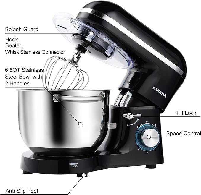 Aucma Stand Mixer,6.5-QT 660W 6-Speed Tilt-Head Food Mixer, Kitchen Electric Mixer with Dough Hook, Wire Whip & Beater (6.5QT, Black)