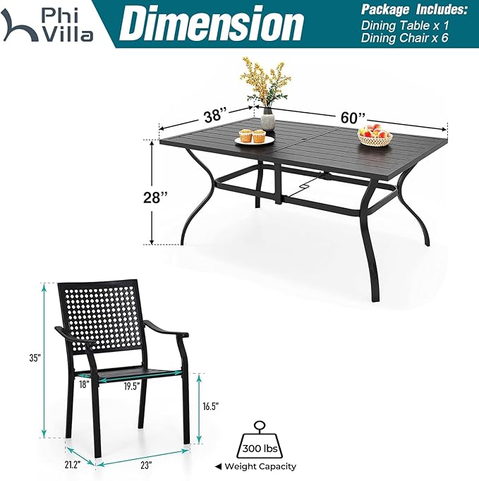 PHI VILLA Patio Dining Table Set for 6 Person Bistro Chairs Contemporary Dining Table Outdoor Dining Set of 7 Pieces Conversation Set Patio Furniture for Outdoor Garden,Yard