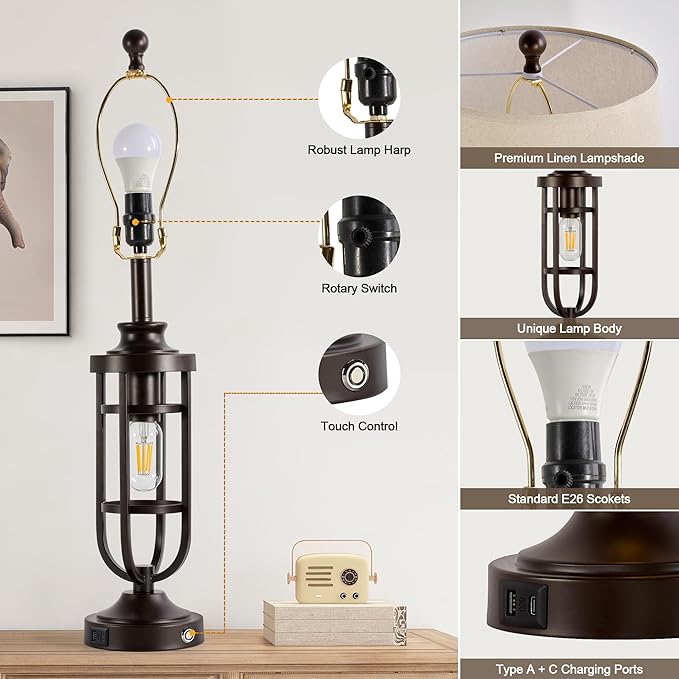 28.8" Farmhouse Table Lamps for Living Room Set of 2, 3-Way Dimmable Touch Lamps with USB Ports, Rustic Nightstand Lamps for Bedroom End Tables, Bulbs Included