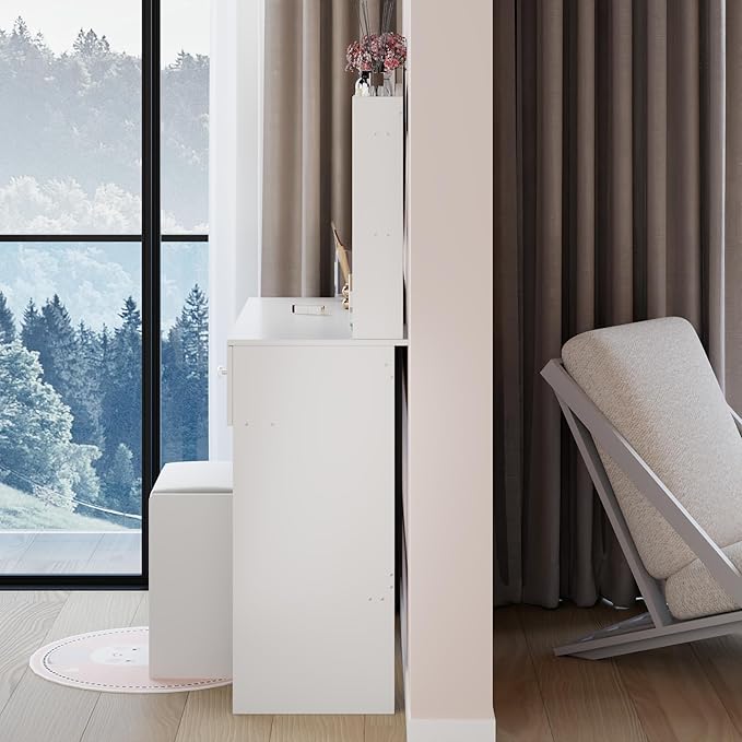 31.5" Small Vanity Desk with Mirror and Lights, Makeup Table with Led Lights, 3 Lighting Colors, Vanity Set with 2 Drawers and Stool for Small Space Bedroom, White