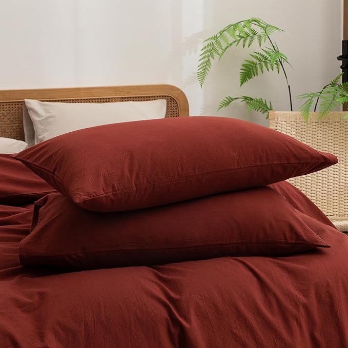 BESTOUCH Duvet Cover Set 100% Washed Cotton Linen Feel Super Soft Comfortable Chic Lightweight 3 PCs Home Bedding Set Solid Fired Brick Red Full/Double