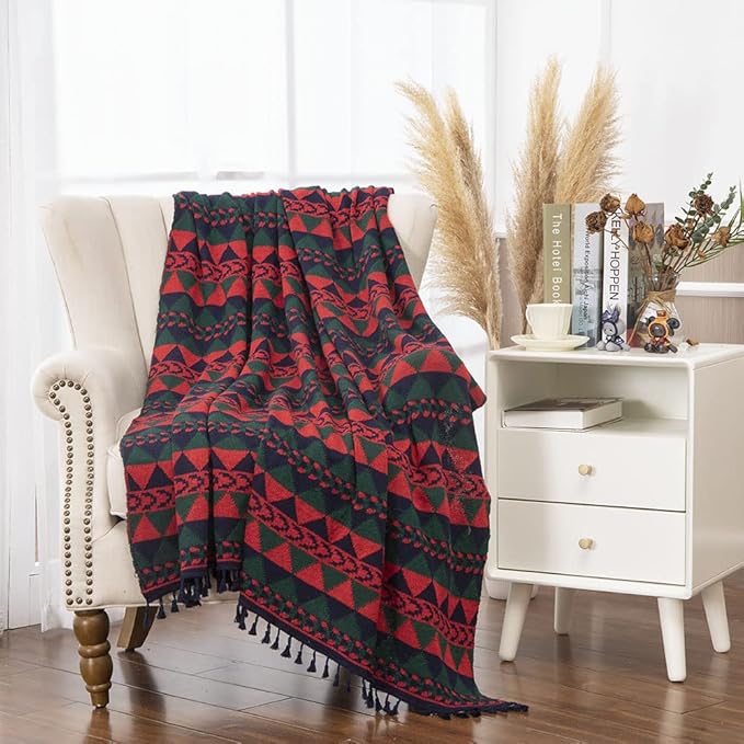 Gealaek Boho Throw Blanket Lightweight Soft Cozy Decorative Blankets for Sofa Bed Farmhouse Throw Blanket Aztec Blanket with Tassel Navy Red Green Checkered 50" x 60"